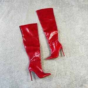 Y2K Style Knee High Red Faux Snakeskin leather Pointed Toe Pumps Tindar 6